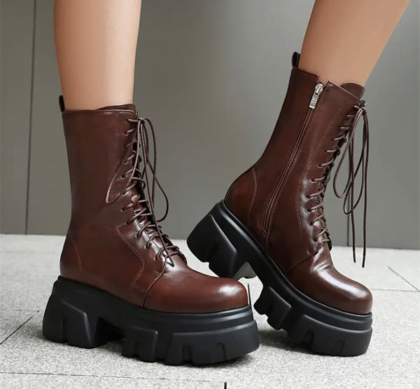 Women Fashion Platform Lace Up Faux Leather Ankle Boots