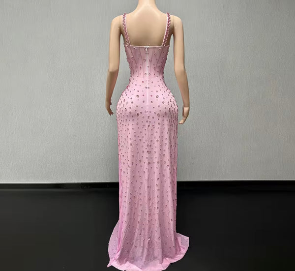Women Sexy Sleeveless Pink Crystal Rhinestone Maxi Dress