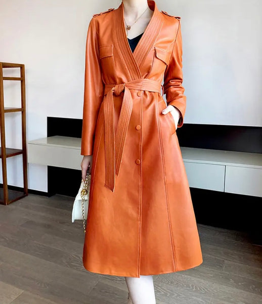 Women Fashion Color Faux Leather Belted Trench Jacket