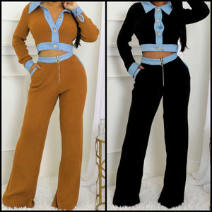 Women Color Patchwork Button Up Two Piece Fashion Pant Set