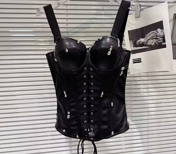 Women Sleeveless Rhinestone Faux Leather Corset Top