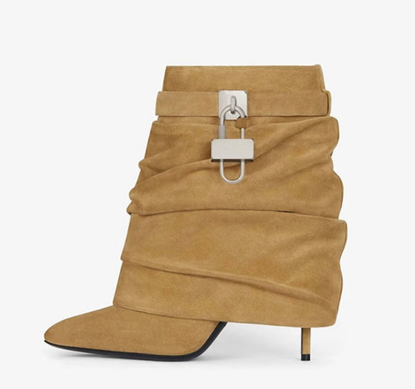 Women Fashion Pointed Toe Ruched Buckled Lock Ankle Boots