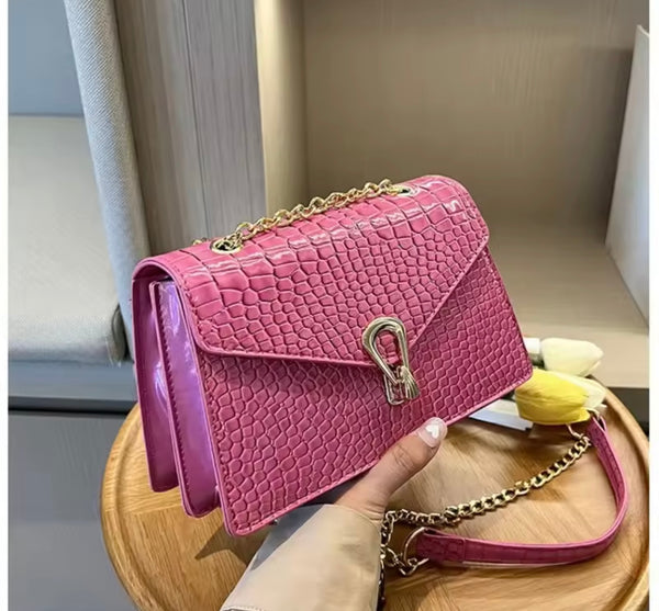 Women Fashion Faux Leather Metal Chain Handbag Purse