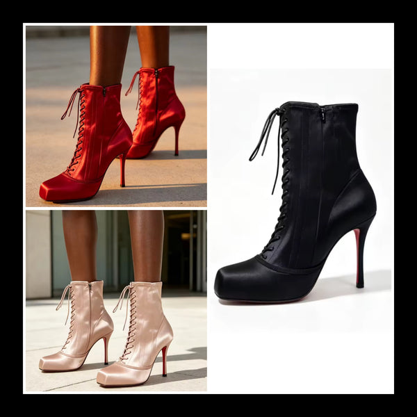 Women Fashion Satin Square Toe Lace Up Ballerina Ankle Boots