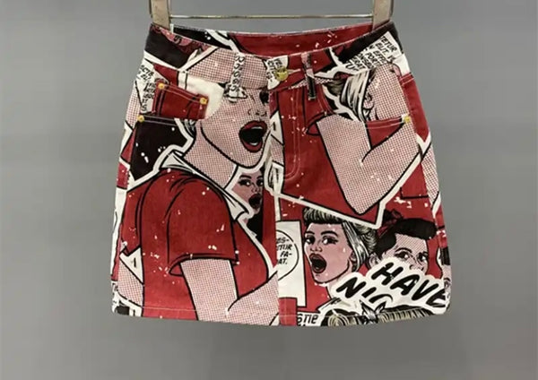 Women Fashion Cartoon Letter Print Denim Skirt