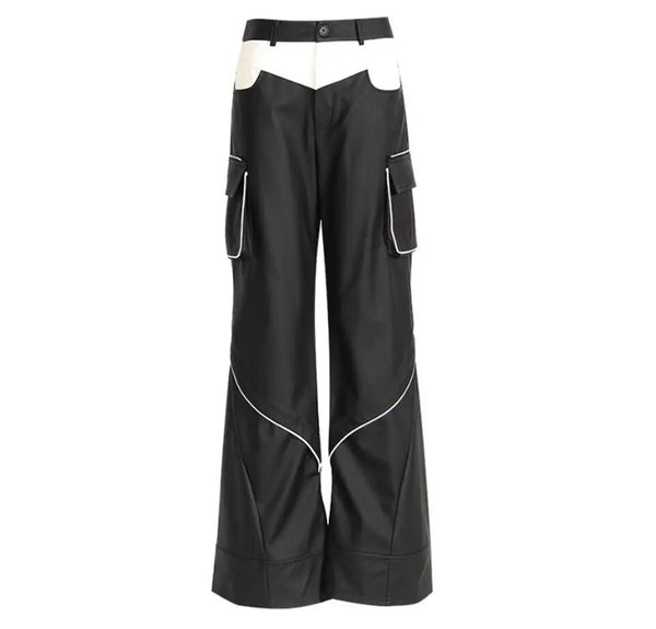 Women Fashion B&W Faux Leather Cargo Pants