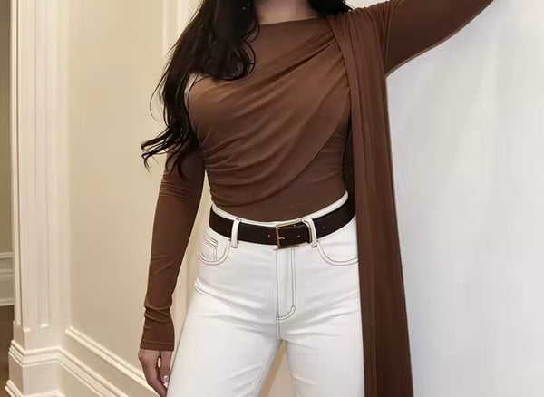 Women Fashion Draped Mesh Full Sleeve Top
