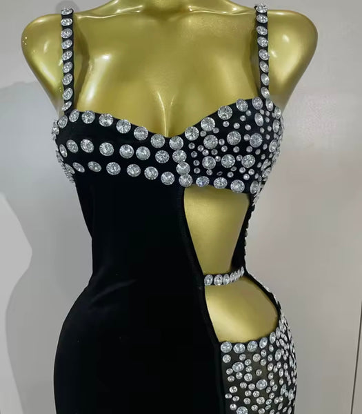 Women Sleeveless Black Cut Out Rhinestone Velour Maxi Dress