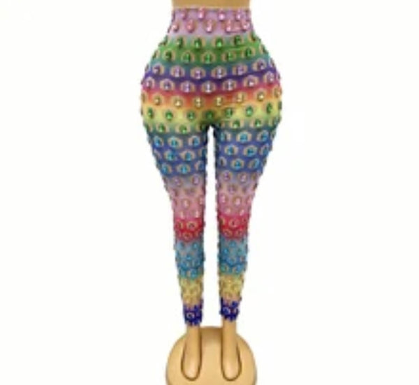 Women Sexy Fashion Full Sleeve Rainbow Crystal Two Piece Pant Set