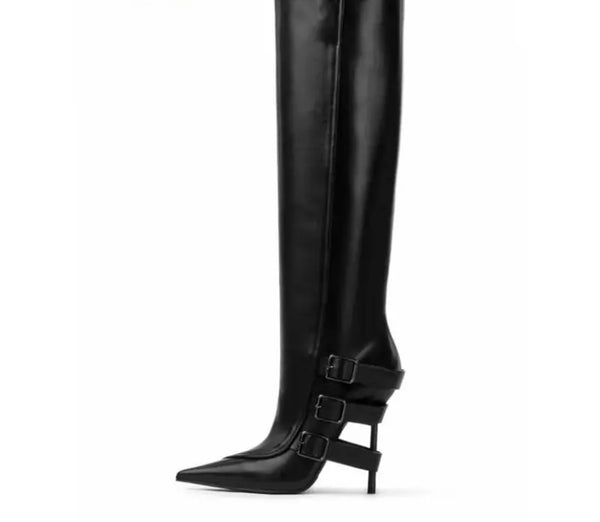 Women Black Buckled Pointed Toe Fashion Knee High Boots