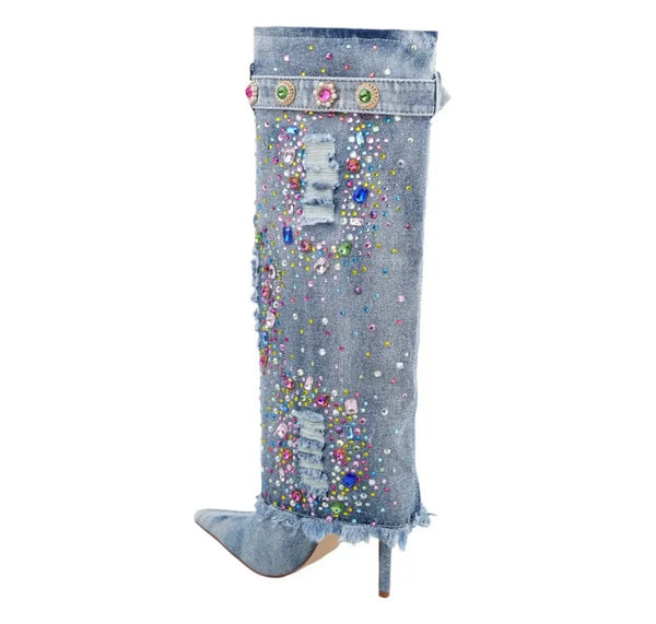 Women Pointed Toe Color Crystal Denim Knee High Boots