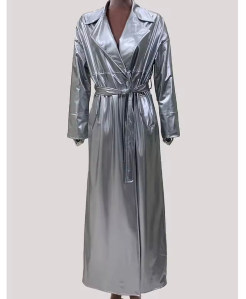 Women Silver Fashion PU Leather Trench Jacket