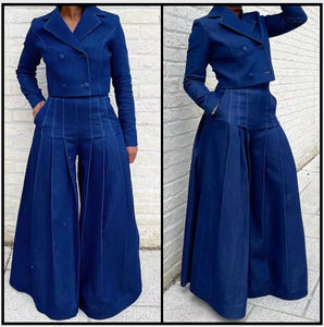 Women Fashion Denim Full Sleeve Blazer Two Piece Wide Leg Pant Set