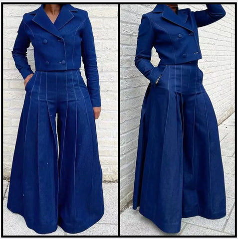 Women Fashion Denim Full Sleeve Blazer Two Piece Wide Leg Pant Set