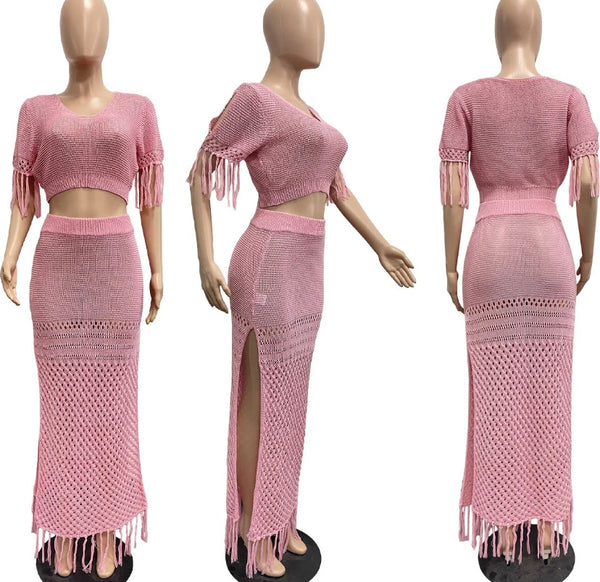 Women Sexy Short Sleeve Knitted Solid Color Two Piece Maxi Skirt Set