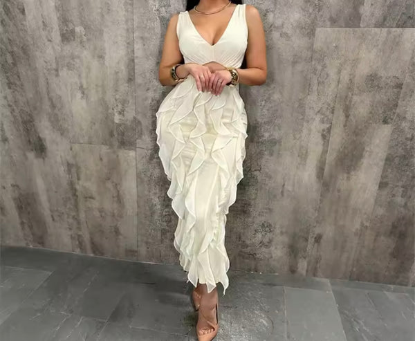 Women Solid Color Sleeveless Cut Out Ruffled Dress