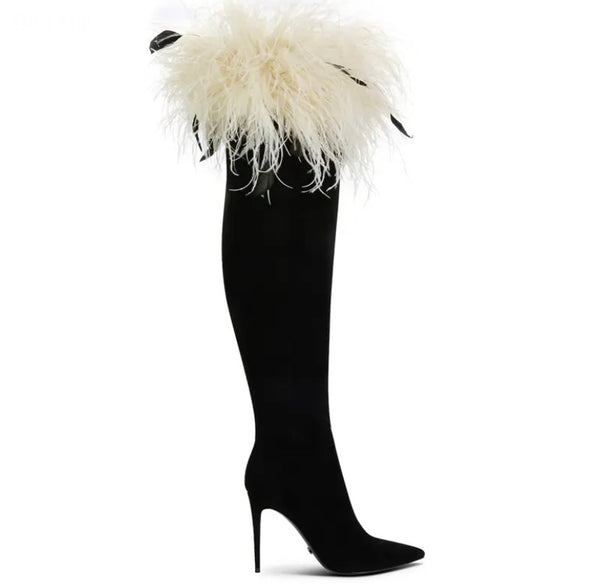 Women Fashion Faux Fur Patchwork Knee High Boots