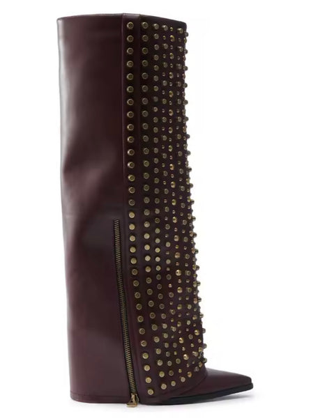 Women Fashion Rivet Zipper Knee High Boots