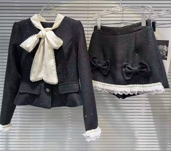 Women Button Up Bow Tweed Two Piece Blazer Skirt Set