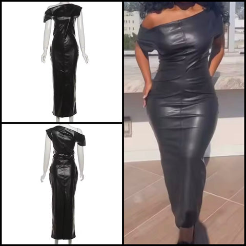 Women Sexy Black Faux Leather Maxi Dress