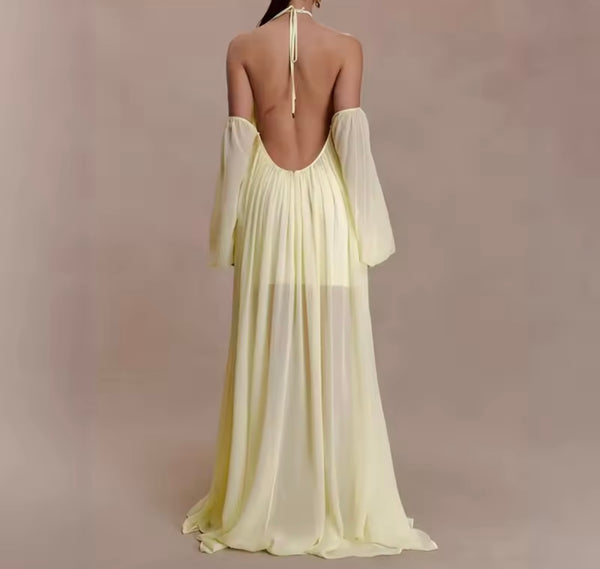 Women Sexy Halter Yellow Chiffon Maxi Dress