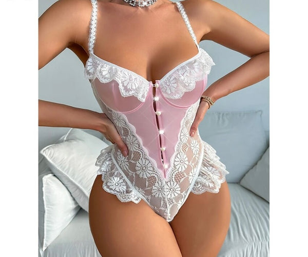 Women Sexy Sleeveless Pink Satin Lace Patchwork Bodysuit Lingerie