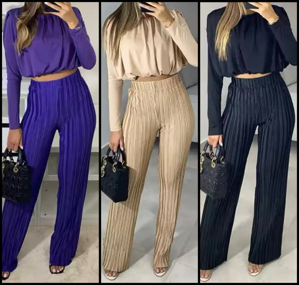 Women Fashion Full Sleeve Two Piece Pleated Pant Set