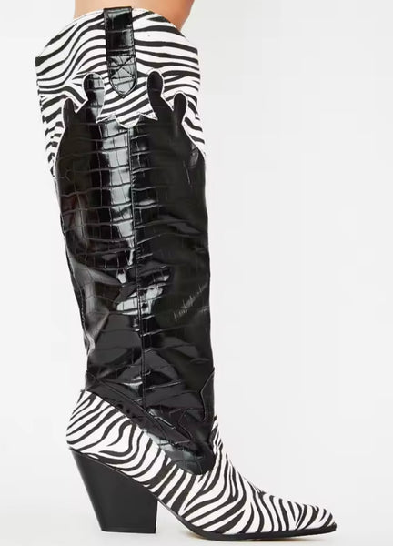 Women Fashion B&W Animal Print Knee High Western Boots