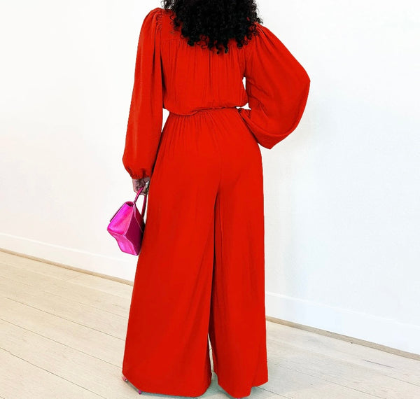 Women Fashion Button Up Solid Color Belted Full Sleeve Jumpsuit