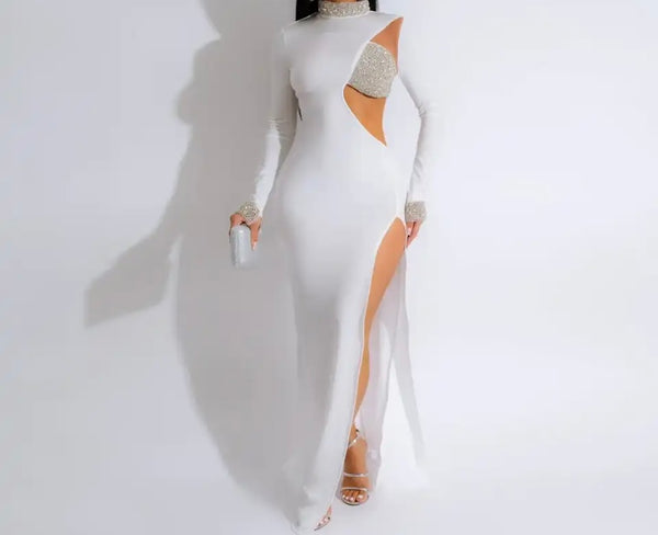 Women Sexy Bling Patchwork Full Sleeve Side Split Maxi Dress