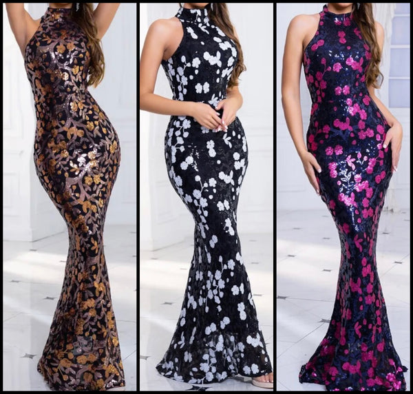 Women Sexy Sequins Printed Sleeveless Maxi Dress