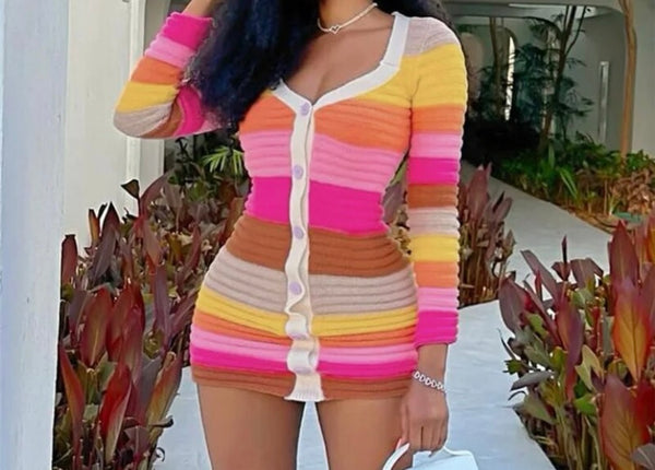 Women Sexy Fashion Colorful Striped Button Up Full Sleeve Dress