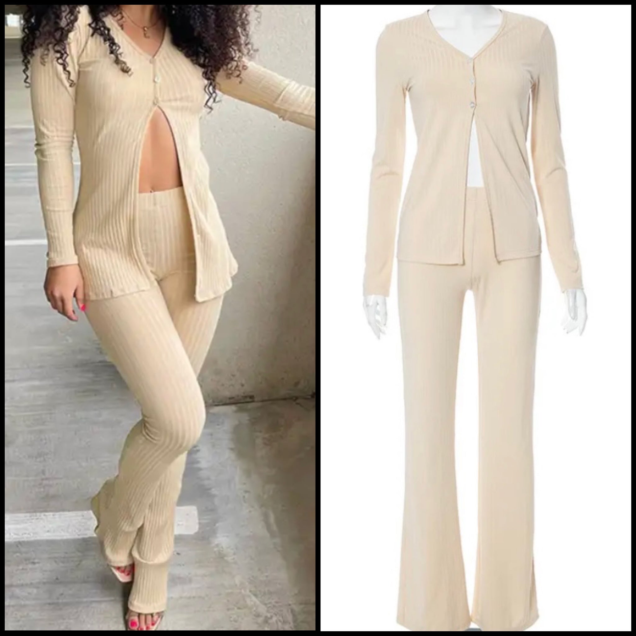 Women Fashion Ribbed Full Sleeve Two Piece Pant Set