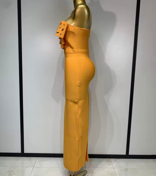 Women Orange Sexy Sleeveless Crystal Maxi Dress