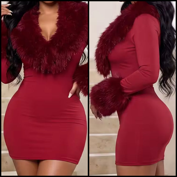 Women Sexy Burgundy Faux Fur Patchwork Full Sleeve Dress