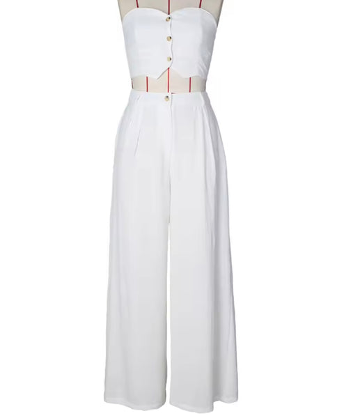 Women Sexy Button Up Strapless Two Piece Wide Leg Pant Set