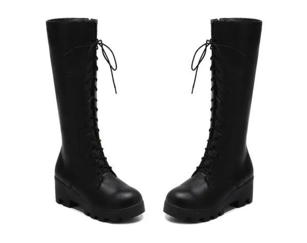 Women Fashion Faux Leather Lace Up Platform Knee High Boots