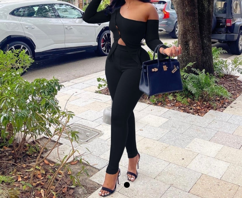 Women Off The Shoulder Full Sleeve Solid Color Two Piece Pant Set