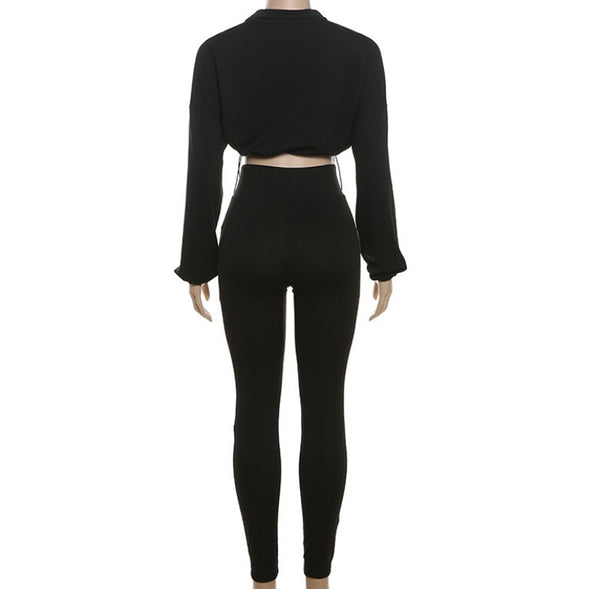 Women Fashion Solid Color Zip Up Full Sleeve Crop Two Piece Pant Set