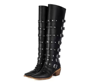 Women Fashion Color Buckled Knee High Western Boots