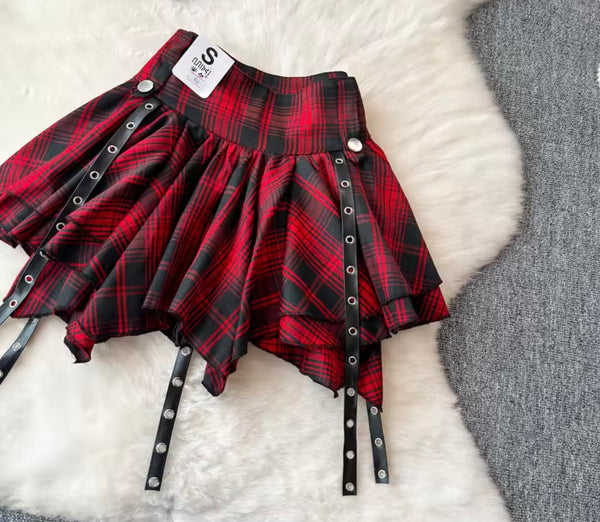 Women Sexy Sleeveless Buckled Crop Two Piece Plaid Skirt Set