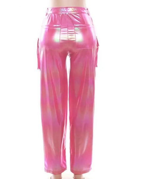 Women Pink Metallic Cargo Fashion PU Pants