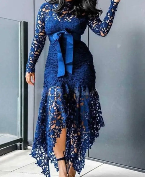 Women Sexy Color Lace Full Sleeve Bow Maxi Dress