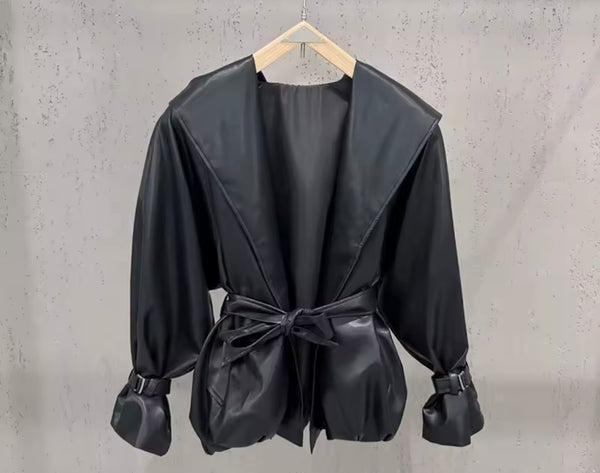 Women Fashion Black Hooded Faux Leather Jacket