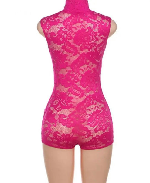 Women Sexy Sleeveless Pink Lace Romper