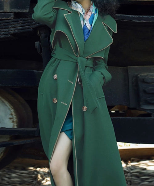 Women Green Button Up Fashion Trench Jacket