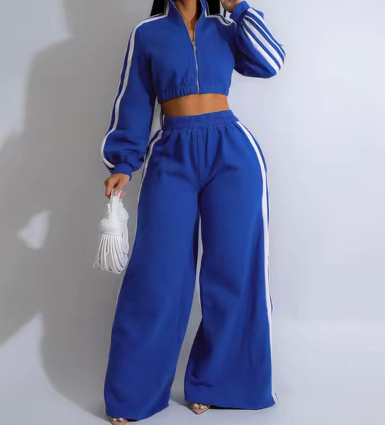 Women Striped Zip Up Fashion Two Piece Tracksuit Pant Set