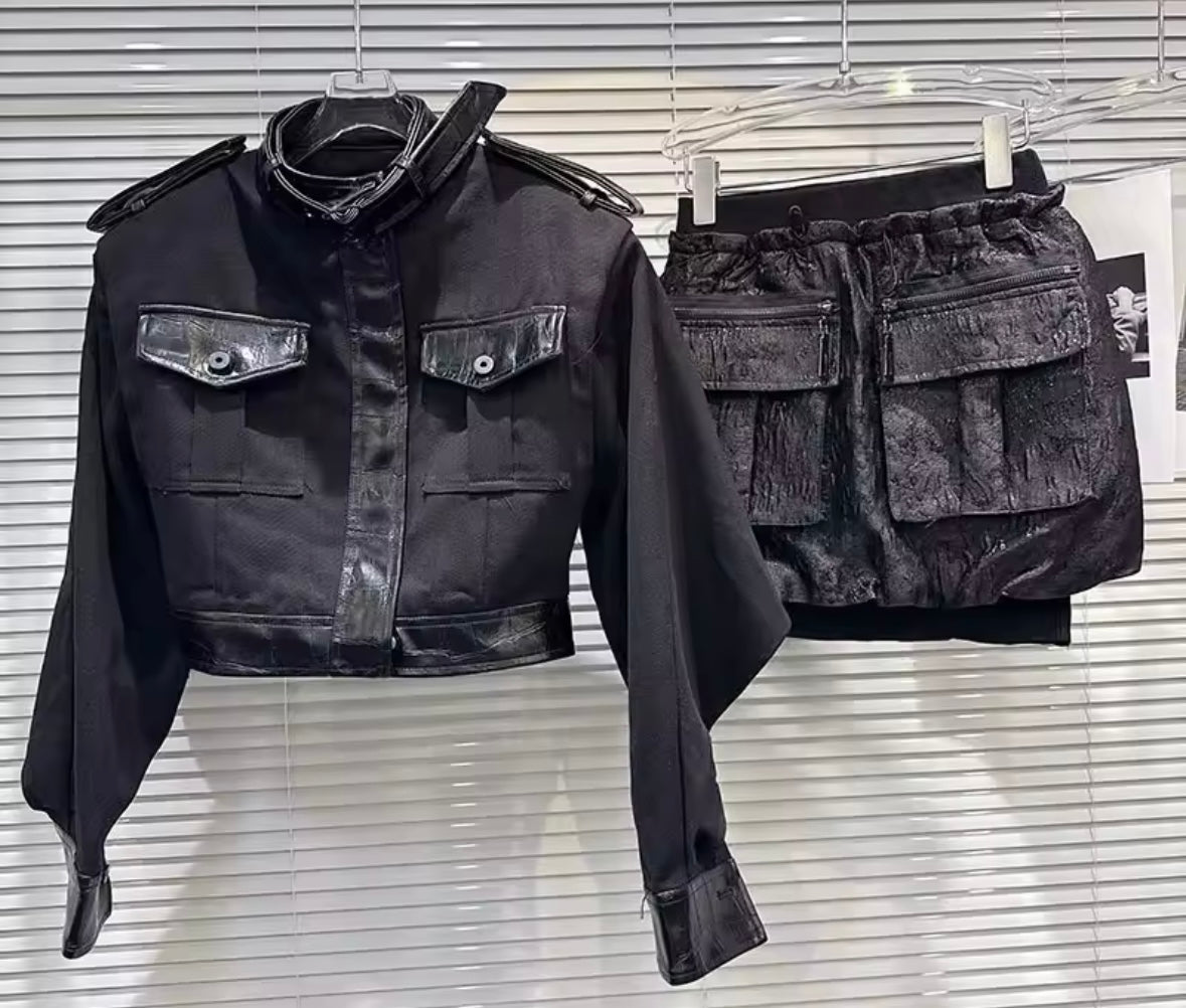 Women Black Pocket Fashion Jacket Two Piece Skirt Set
