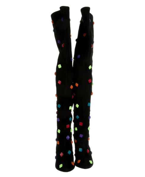 Women Fashion Black Colorful Print Suede Knee High Boots
