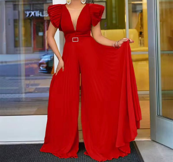 Women Color Short Sleeve Sexy Pleated Jumpsuit
